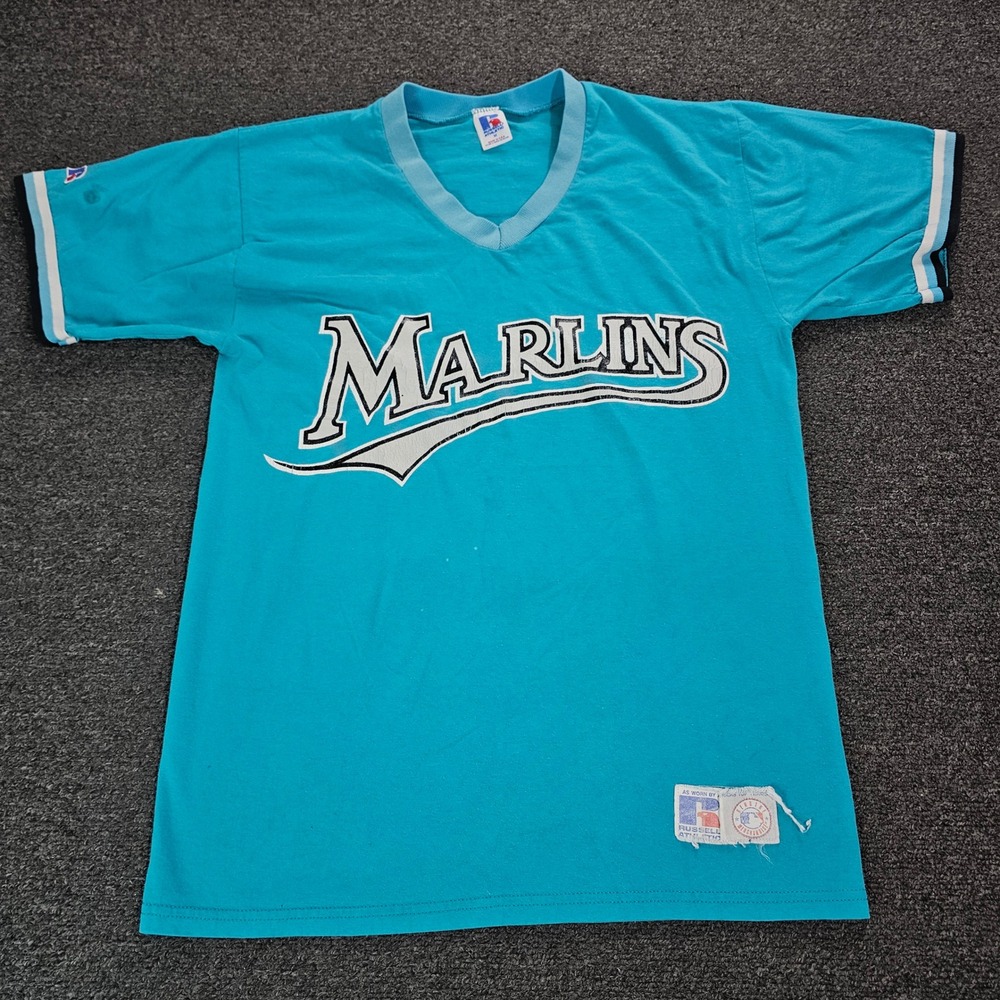 Vintage Florida Marlins Russell Athletic T Shirt Mens Medium Teal V-Neck 90s MLB - Picture 1 of 10
